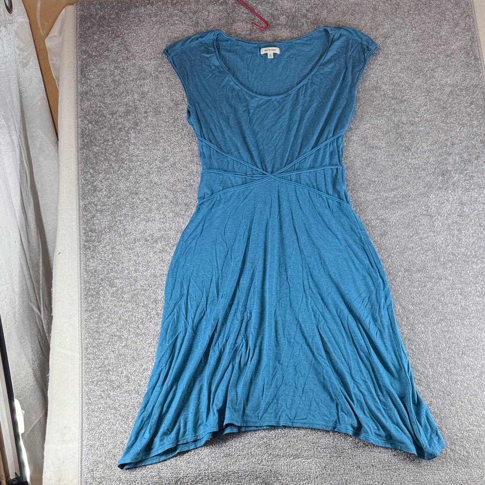 Max Studio Blue Knee Length Midi Dress Cap Sleeve Scoop Neck Womens L